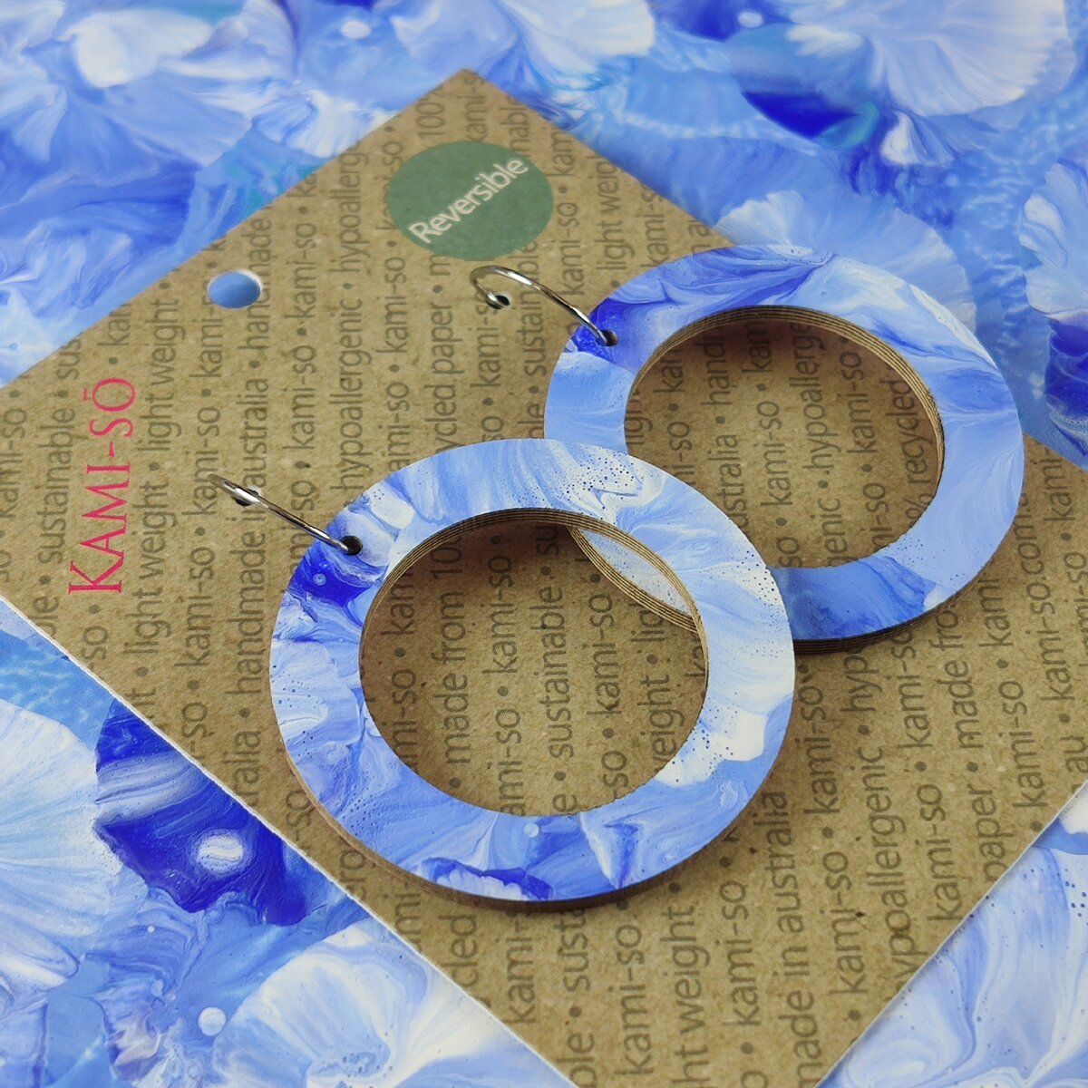 Reversible Circle Recycled Paper Earrings - Rose Speckle / Blue & White