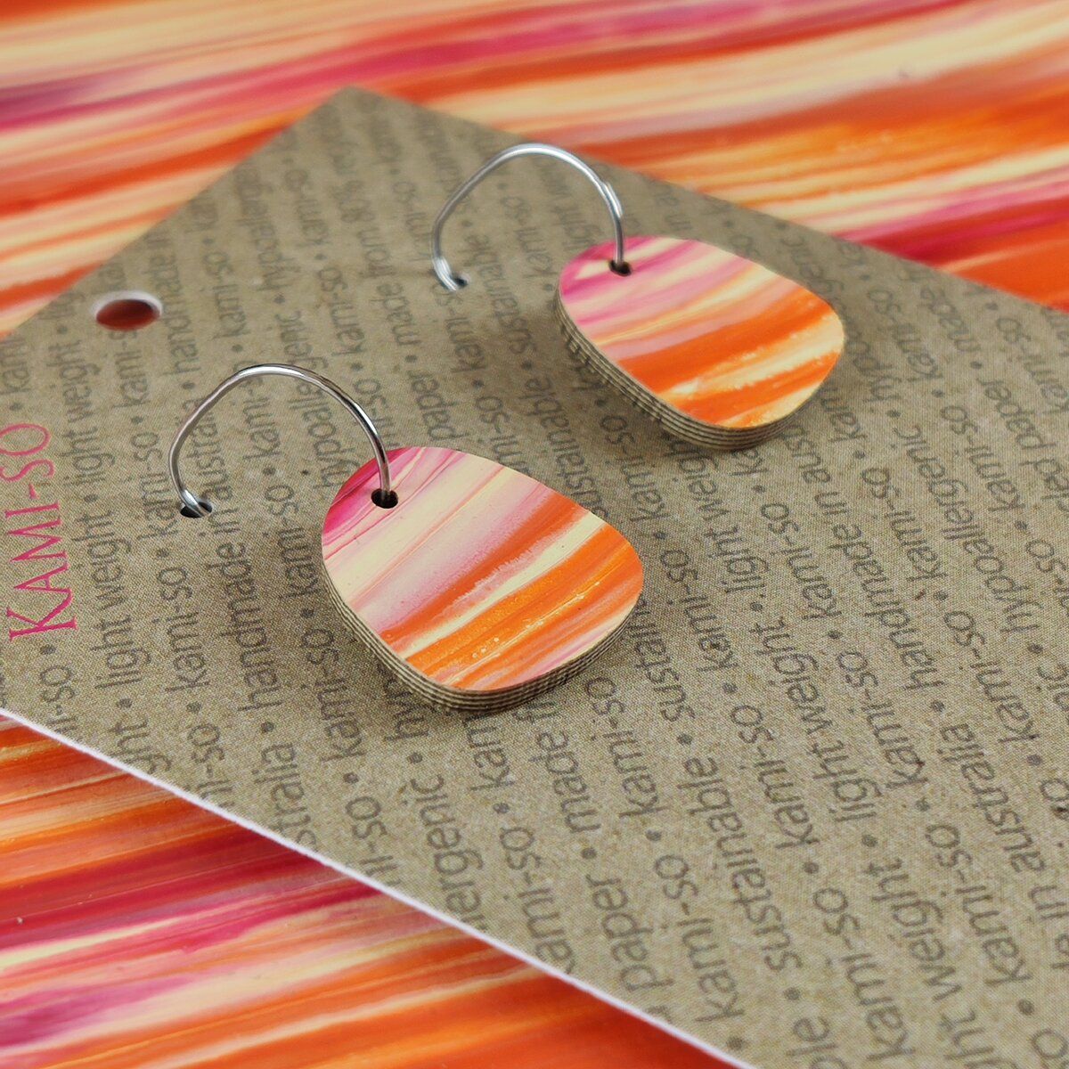 Mini Recycled Paper Earrings - Orange & Magenta Stripe