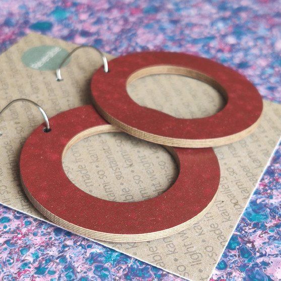 Reversible Circle Recycled Paper Earrings - Blue Speckle / Burgundy