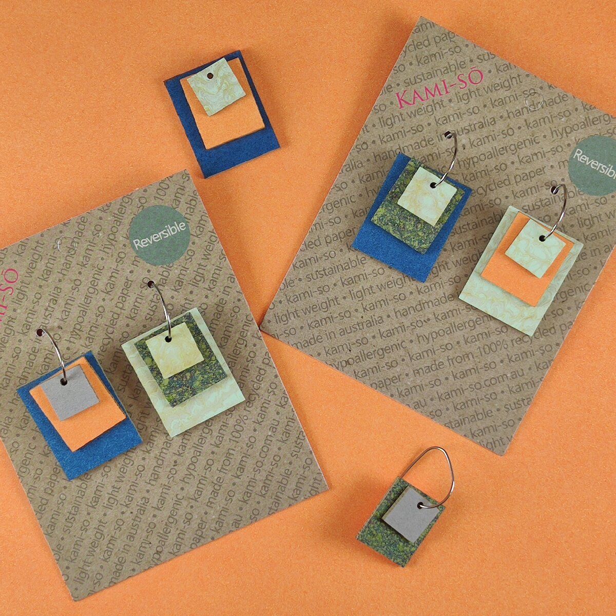 Reverse-A-Tile Expanding Rectangle Recycled Paper Earrings - Mint & Dark Speckle / Light Grey, Orange & Blue