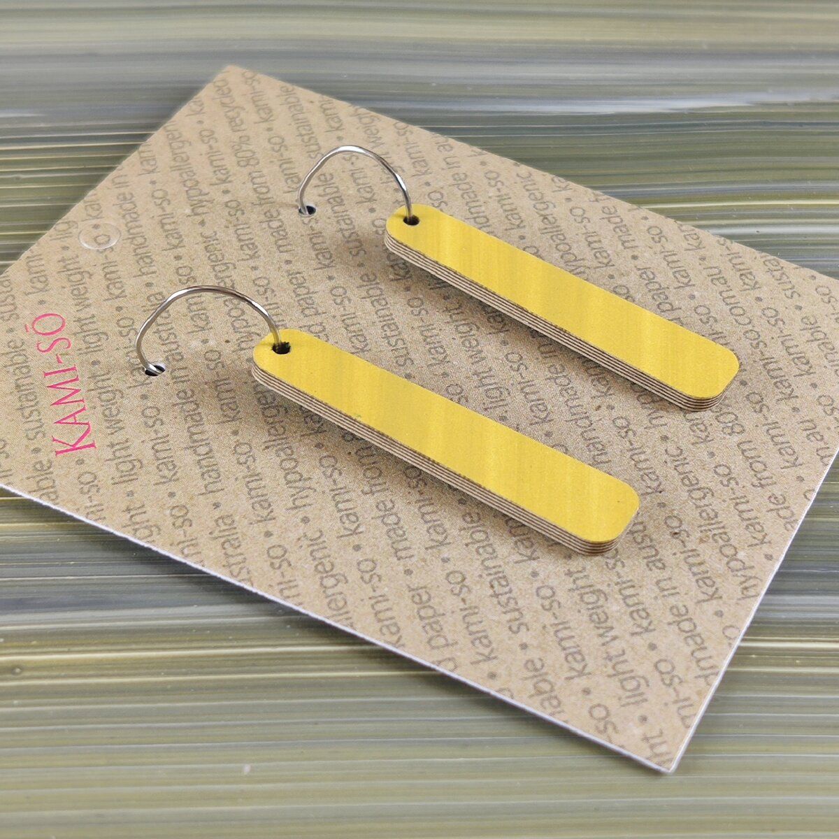 Reversible Paddle Recycled Paper Earrings - Grey Stripes / Yellow Stripes