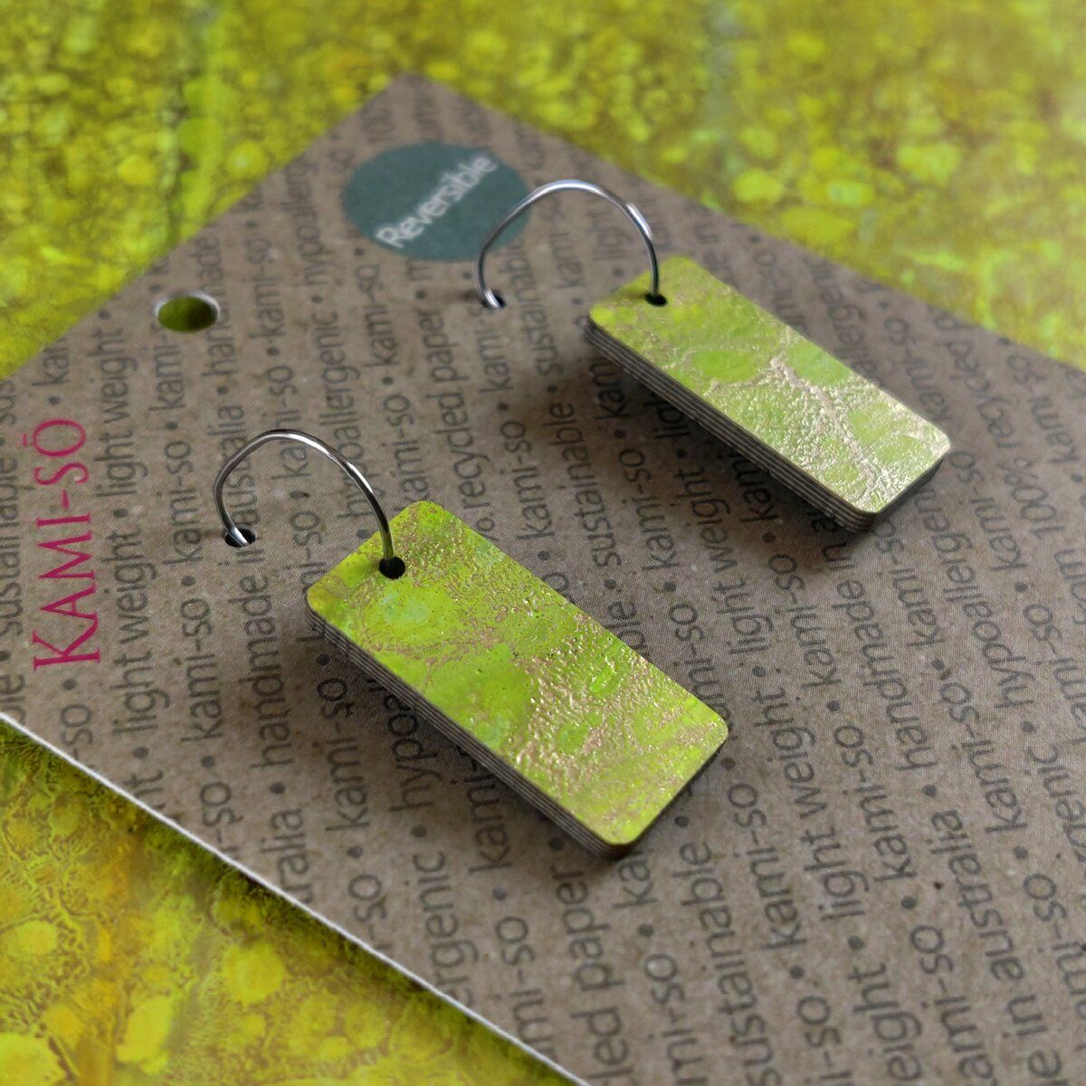 Reversible Rectangle Recycled Paper Earrings - Citrine Crackle / Dark Blue Crackle