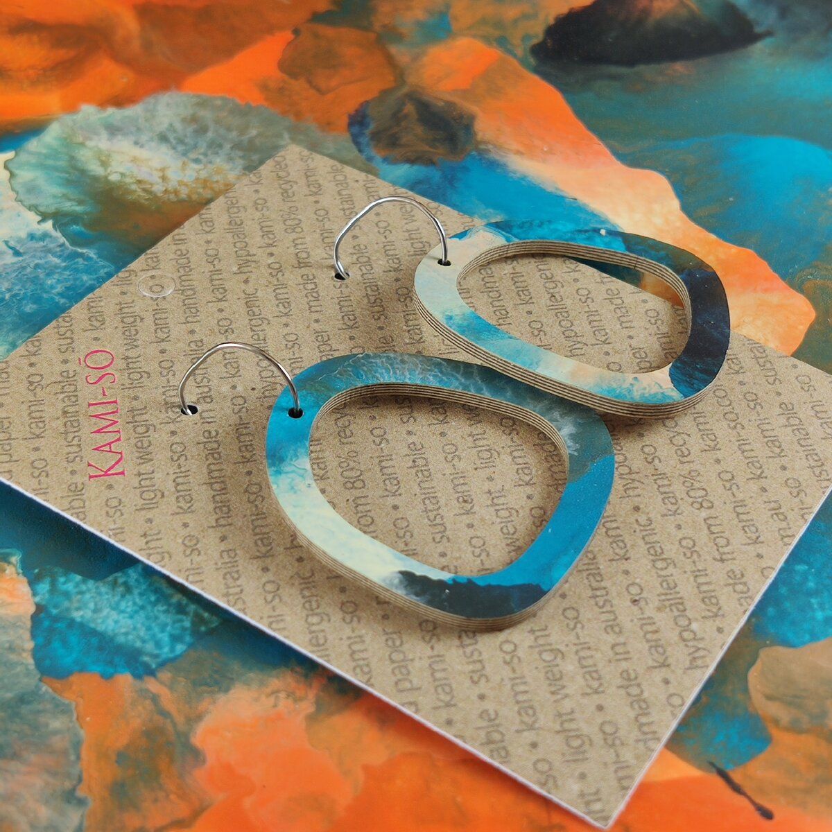 Square Recycled Paper Earrings - Blue & Orange