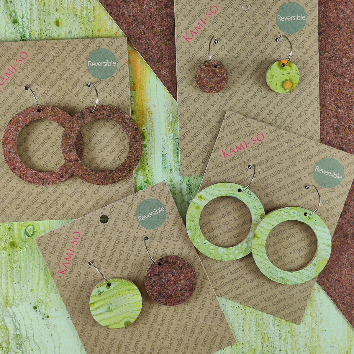 Reversible Circle Recycled Paper Earrings - Mint & Gold / Dark Brown Speckle