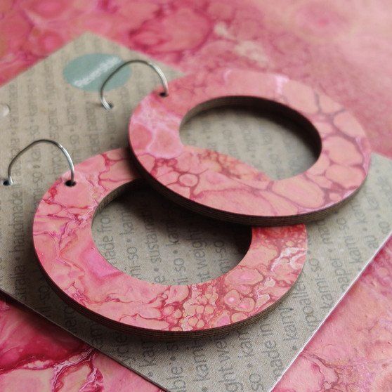 Reversible Circle Recycled Paper Earrings - Pink / Green & Gold