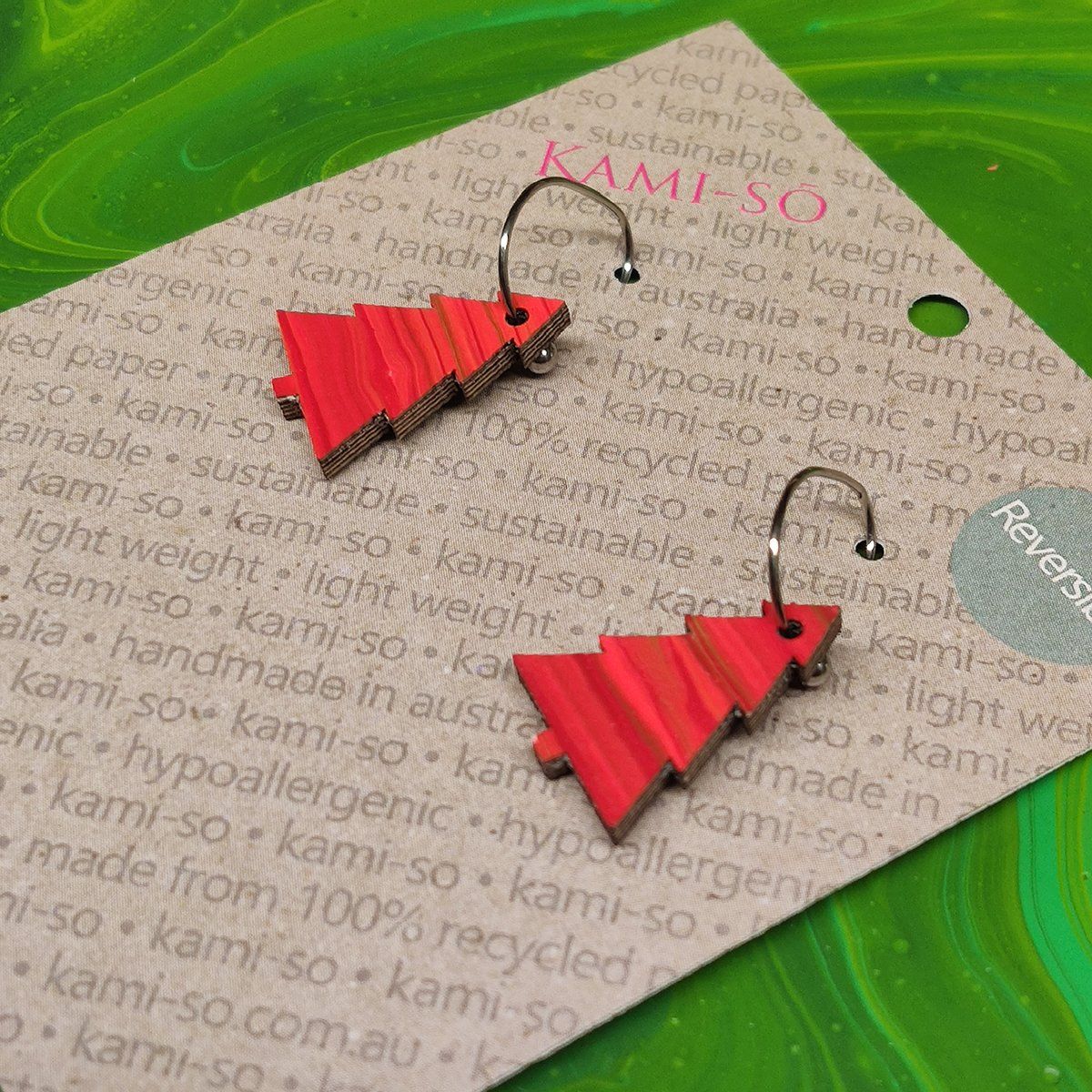 Reversible Christmas Tree Recycled Paper Earrings - Red Stripes / Green