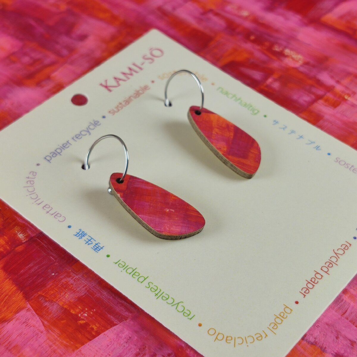 Oval Recycled Paper Earrings - Magenta, Orange & Pink Brushstrokes
