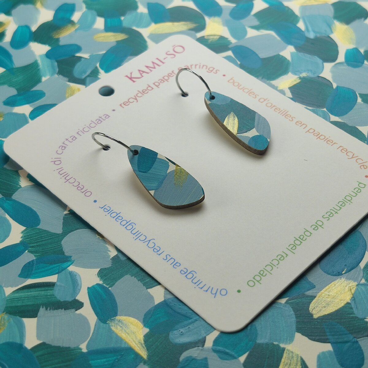 Oval Recycled Paper Earrings - Teal & Gold