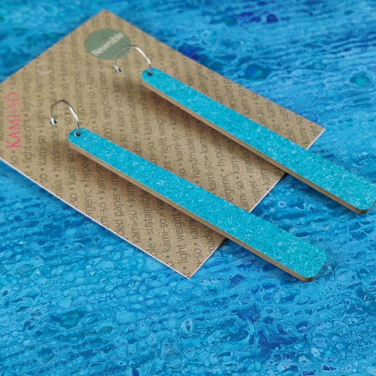 Reversible Paddle Recycled Paper Earrings - Red & Gold / Turquoise Speckle