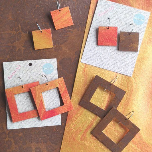 Reversible Square Recycled Paper Earrings - Gold & Red / Dark Brown