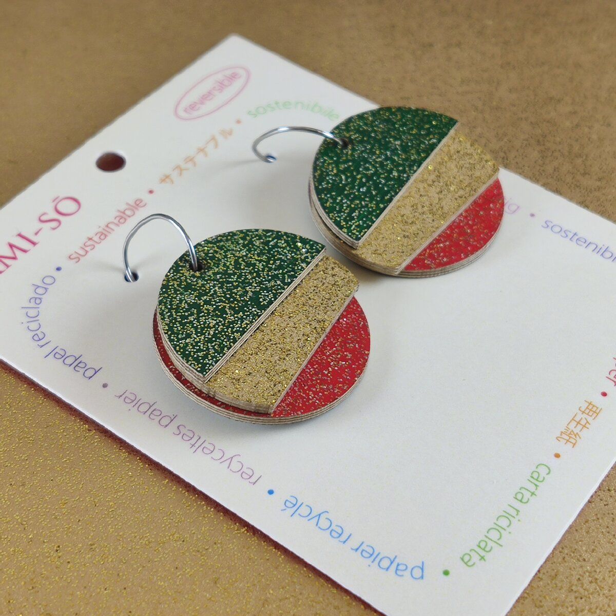 Reverse-A-Tile Fan Circle Recycled Paper Earrings - Red, Green, Silver, Gold & Black Sparkle