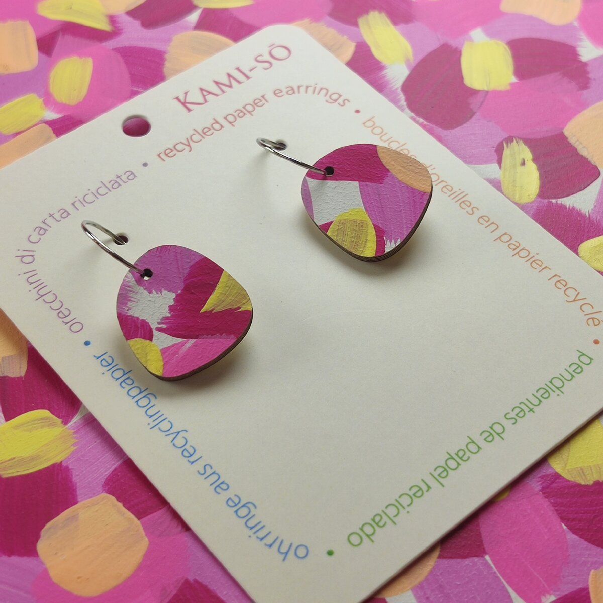 Square Recycled Paper Earrings - Pink, Yellow & Aricot