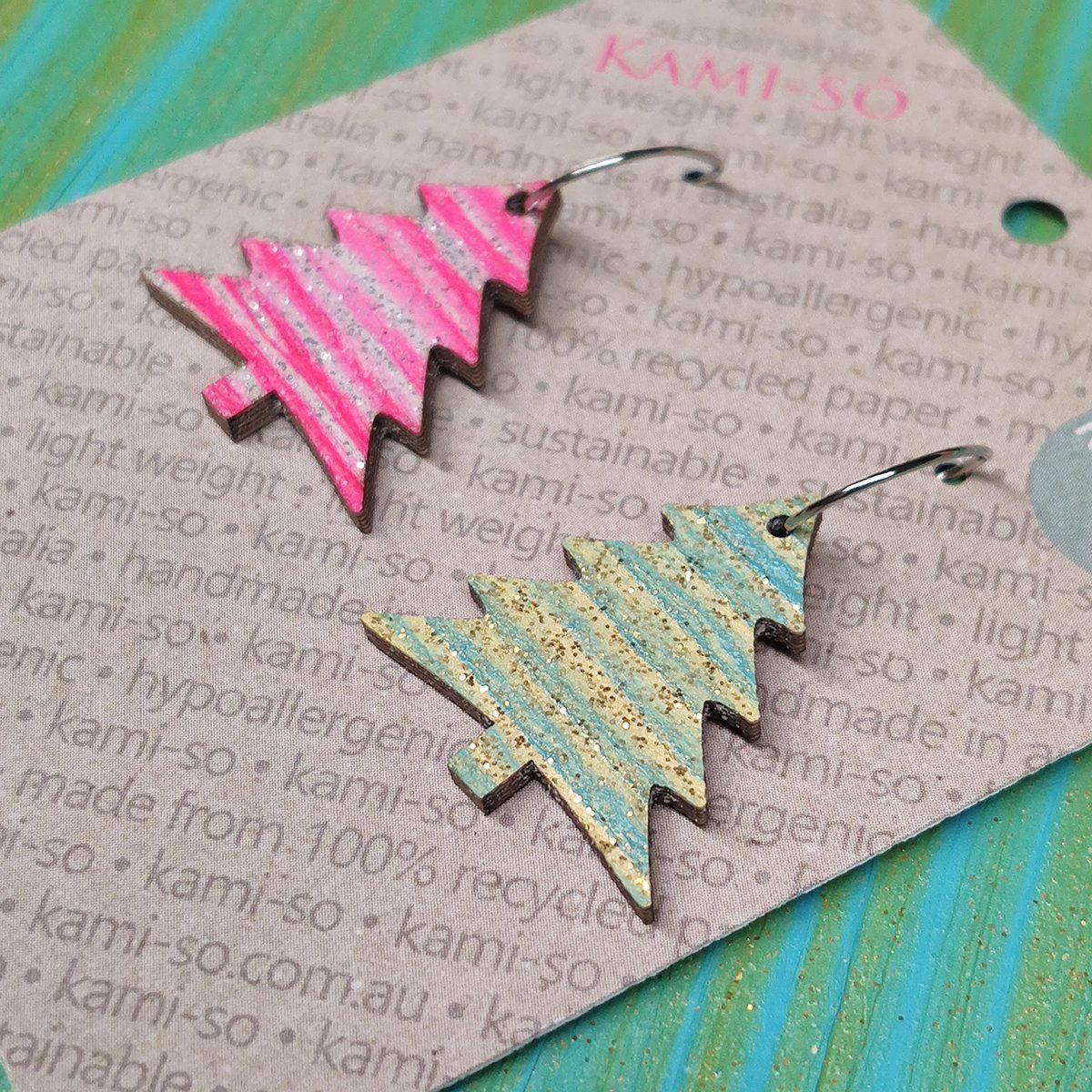 Reversible Christmas Tree Recycled Paper Earrings - Pink & Silver / Blue & Gold