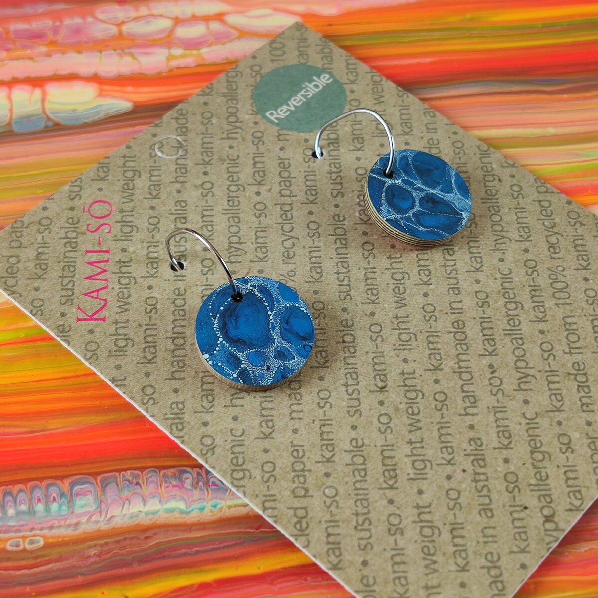 Reversible Circle Recycled Paper Earrings - Orange Multicolour Stripes / Blue Crackle