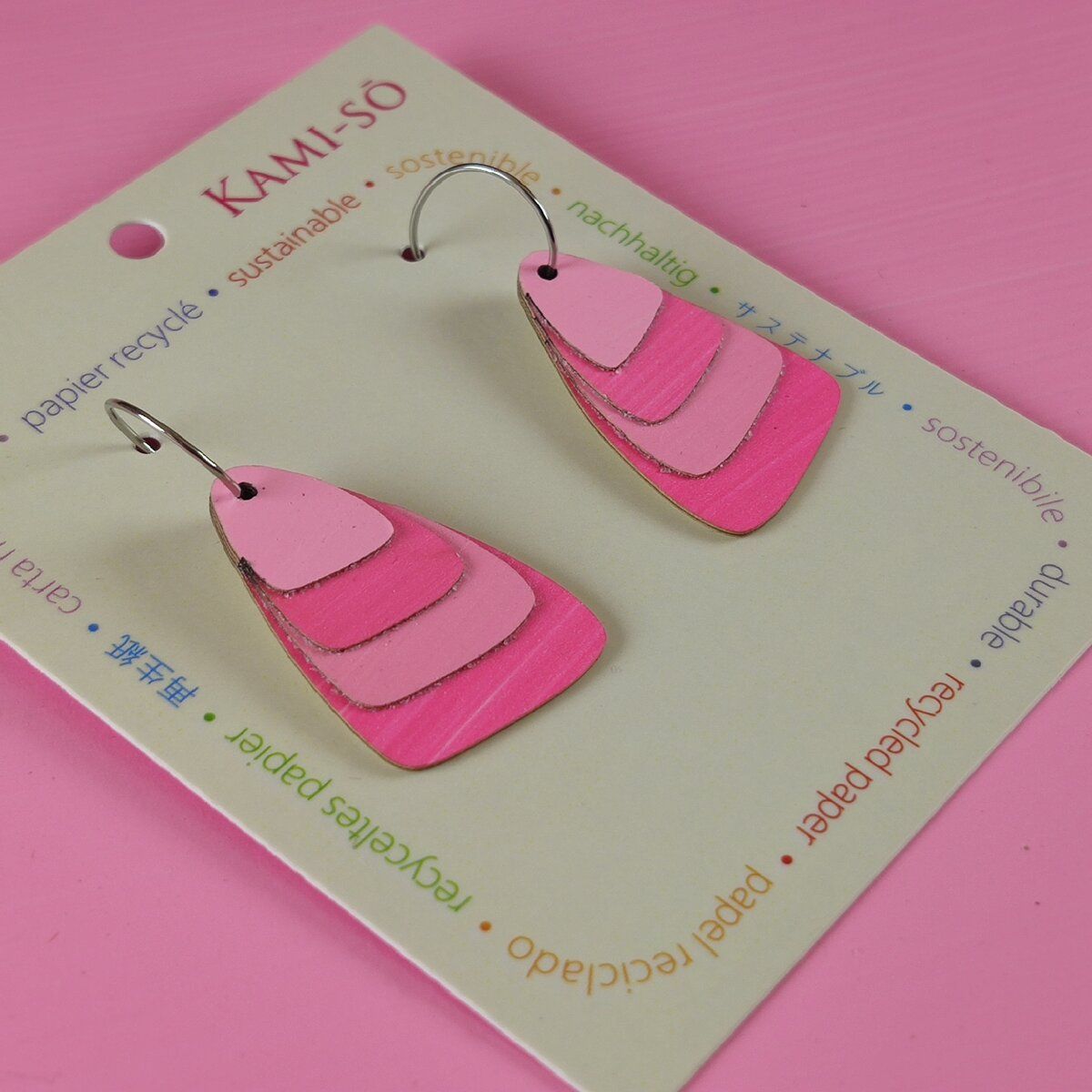 Triangle Layered Recycled Paper Earrings - Pink