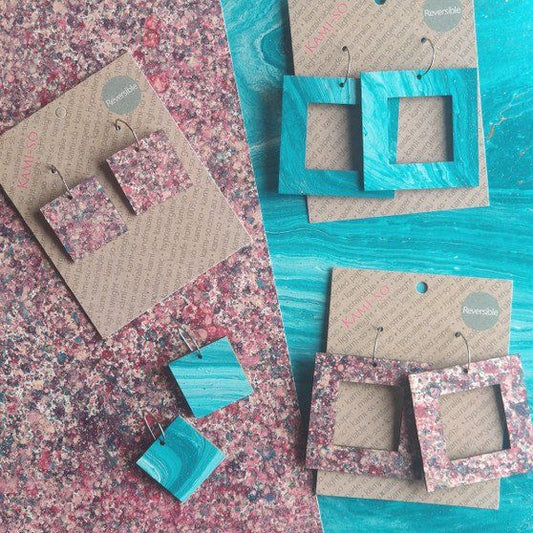 Reversible Square Recycled Paper Earrings - Blue / Purple Speckle