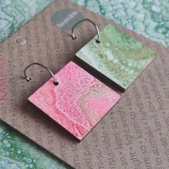 Reversible Square Recycled Paper Earrings - Pink / Green