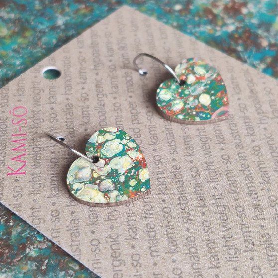 Mini Recycled Paper Earrings - Dark Green & Orange Speckle