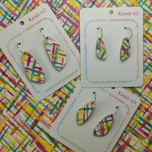 Oval Recycled Paper Earrings - Blue, Plum, Orange & Yellow
