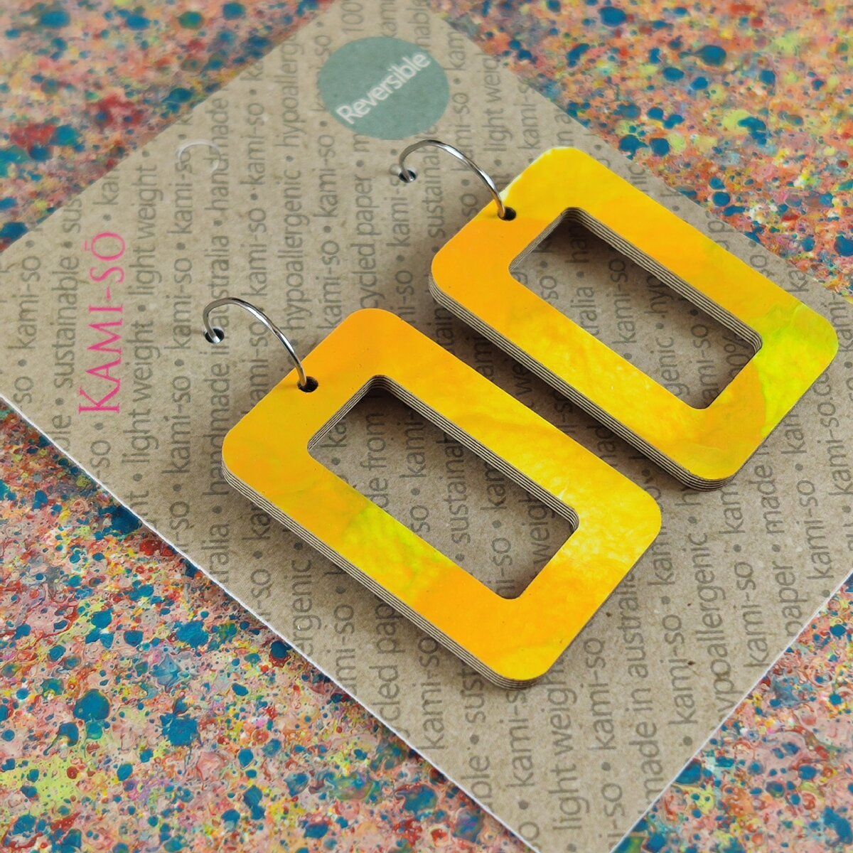 Reversible Rectangle Recycled Paper Earrings - Citrus / Grape Speckle