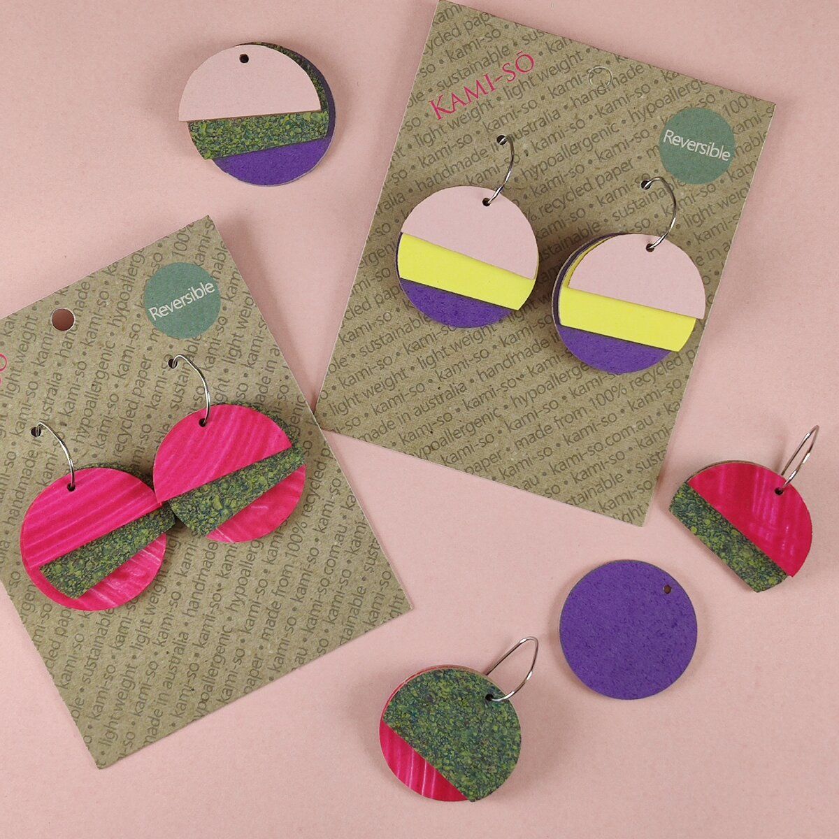 Reverse-A-Tile Fan Circle Recycled Paper Earrings - Pink & Dark Speckle / Blush, Yellow & Purple