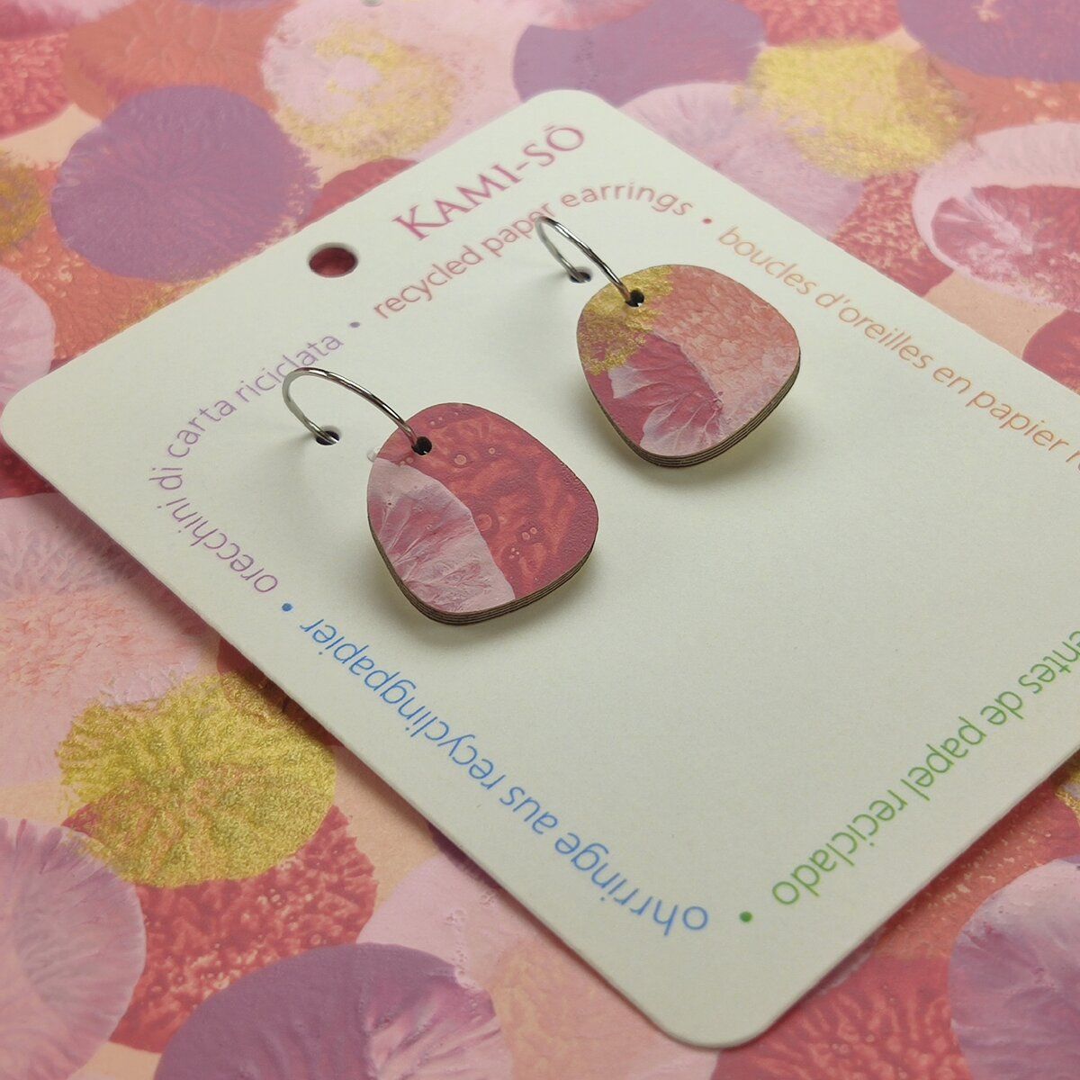 Square Recycled Paper Earrings - Pink, Violet & Gold