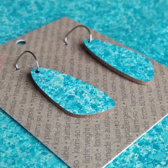 Oval Recycled Paper Earrings - Teal Blue Speckle