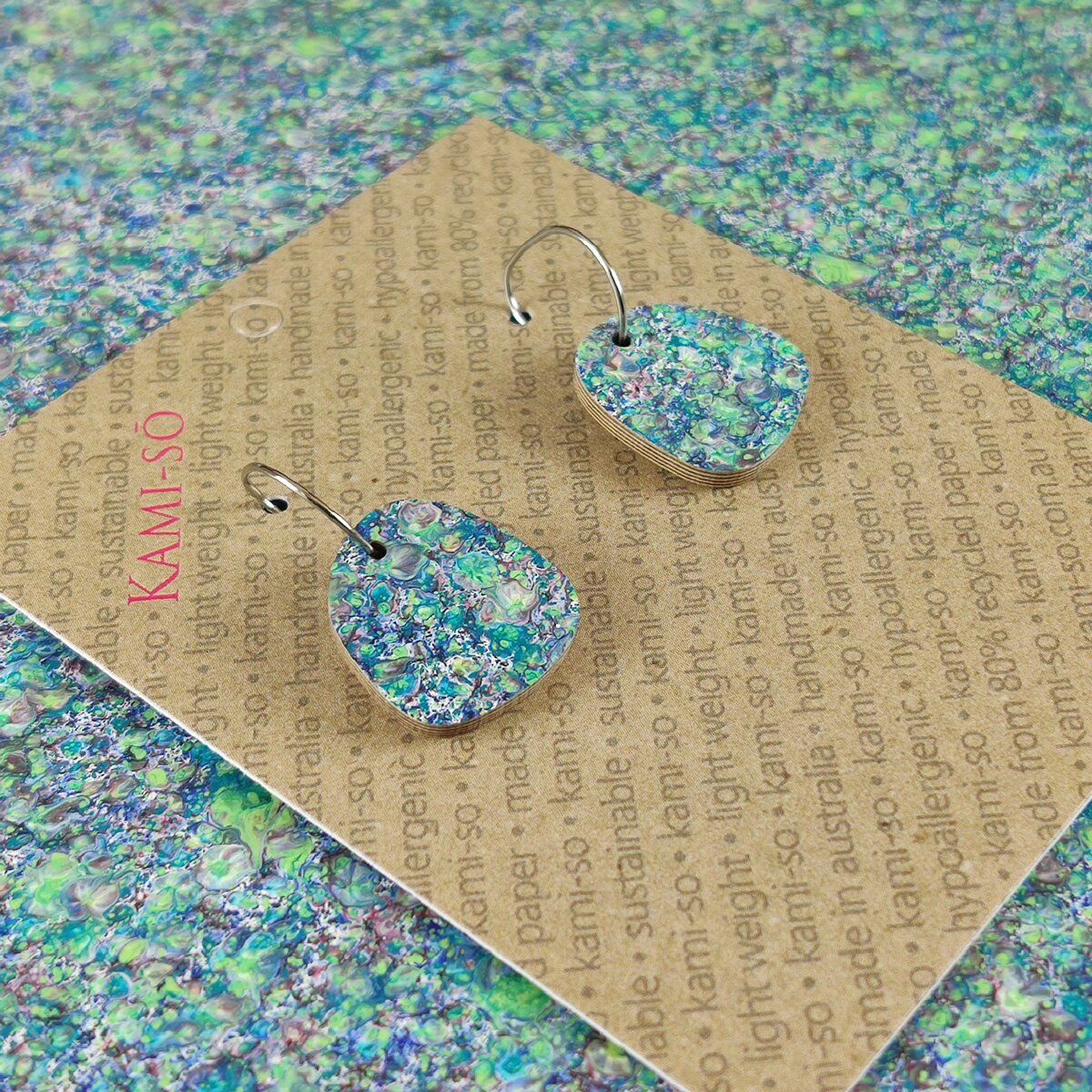 Square Recycled Paper Earrings - Blue Green Speckle