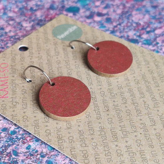 Reversible Circle Recycled Paper Earrings - Blue Speckle / Burgundy