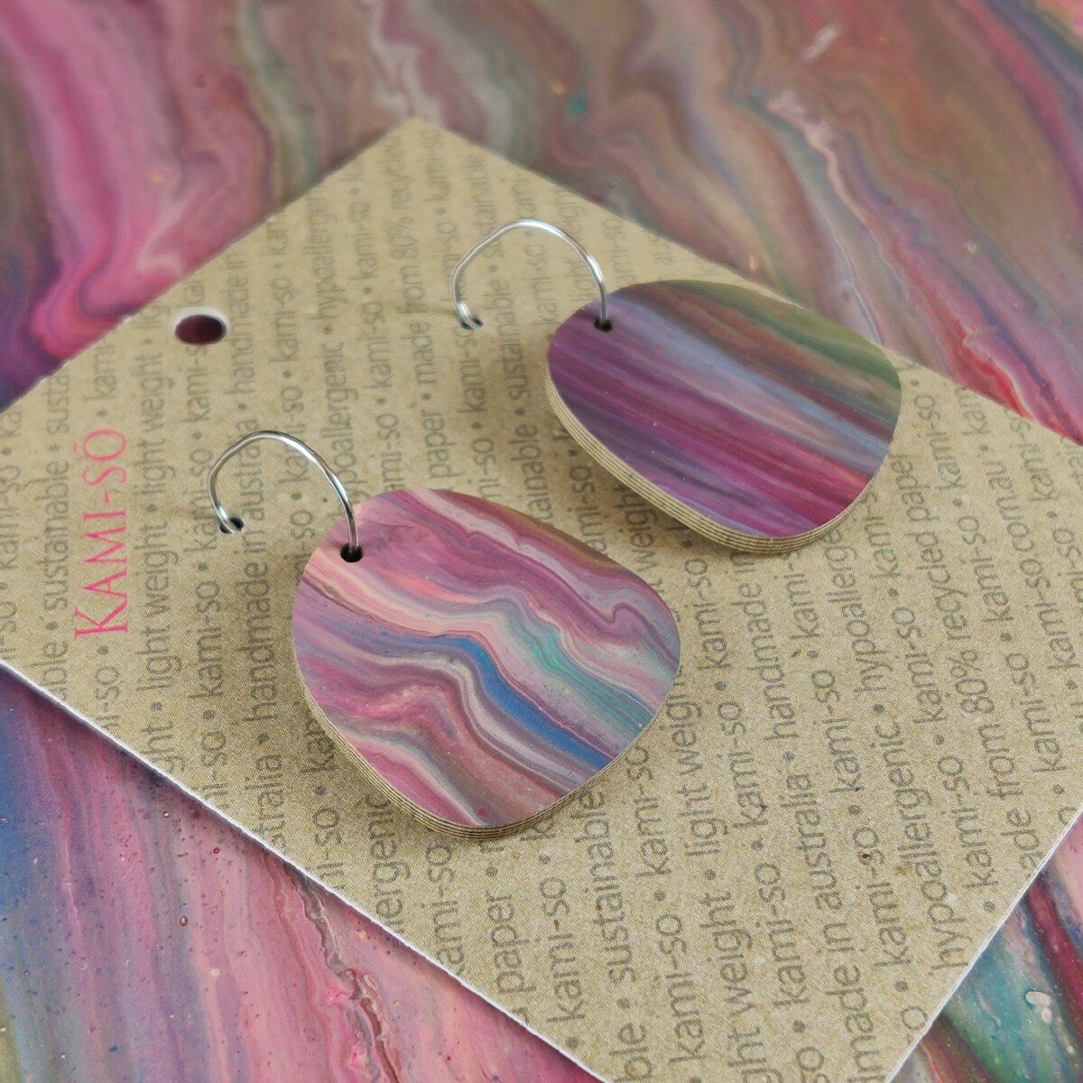 Square Recycled Paper Earrings - Purple & Red Multicolour