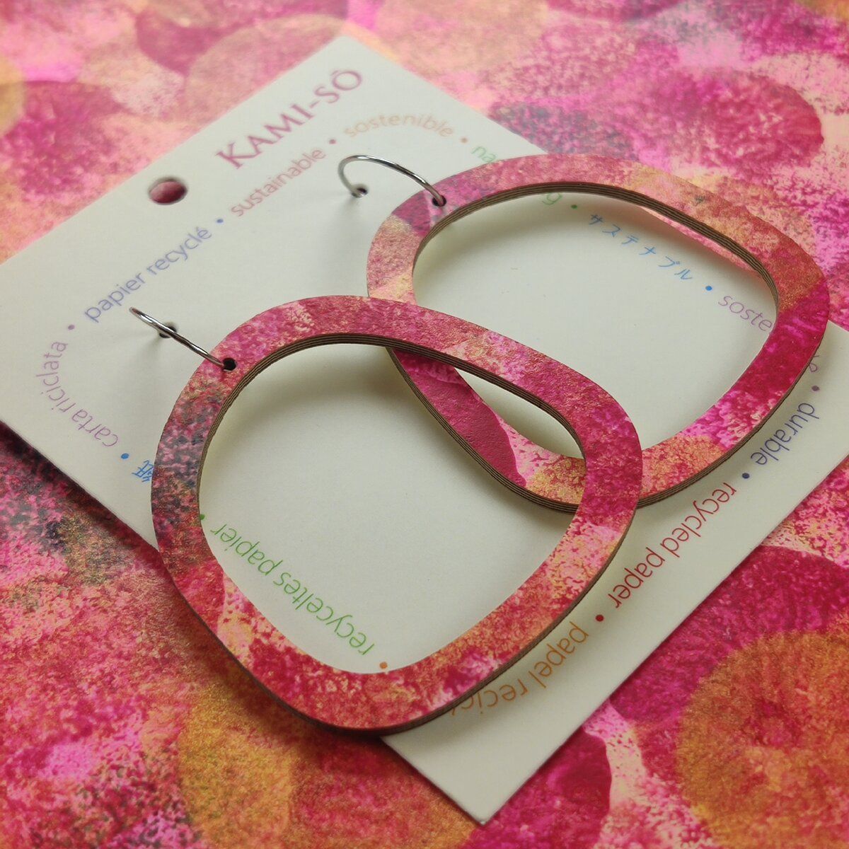 Square Recycled Paper Earrings - Magenta, Pink & Gold