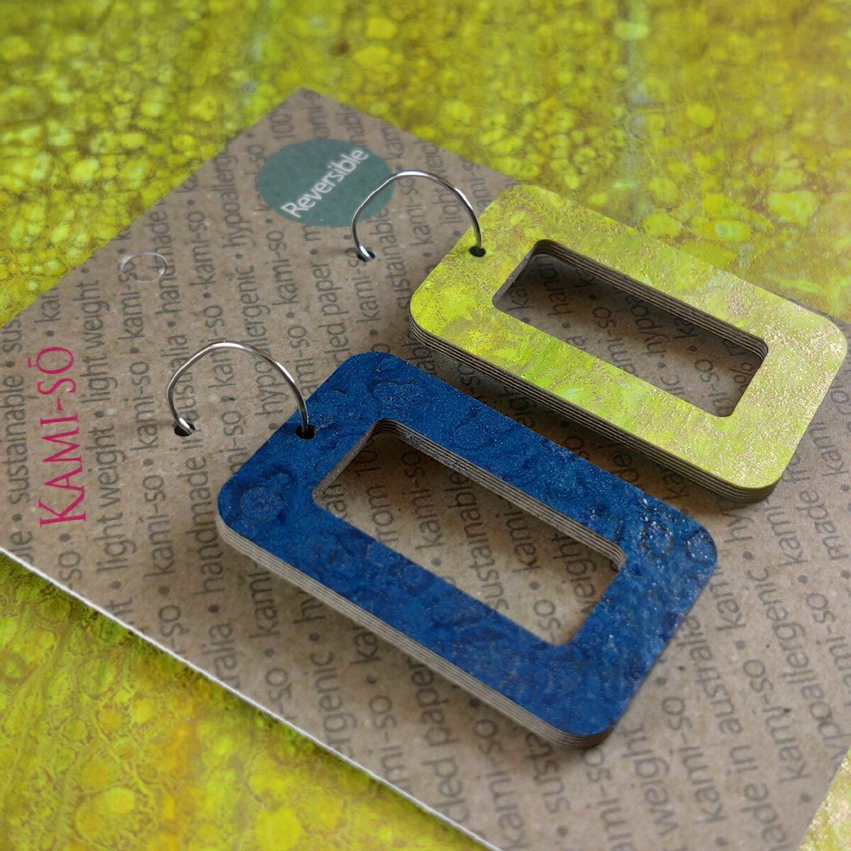 Reversible Rectangle Recycled Paper Earrings - Citrine Crackle / Dark Blue Crackle