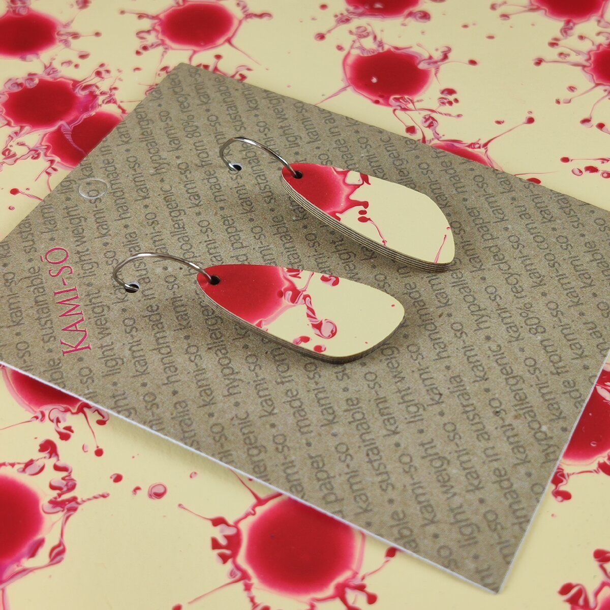 Oval Recycled Paper Earrings - Red Splash