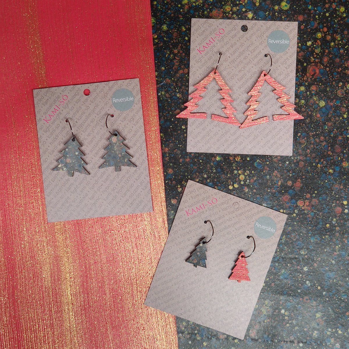 Reversible Christmas Tree Recycled Paper Earrings - Red & Gold / Black Speckle