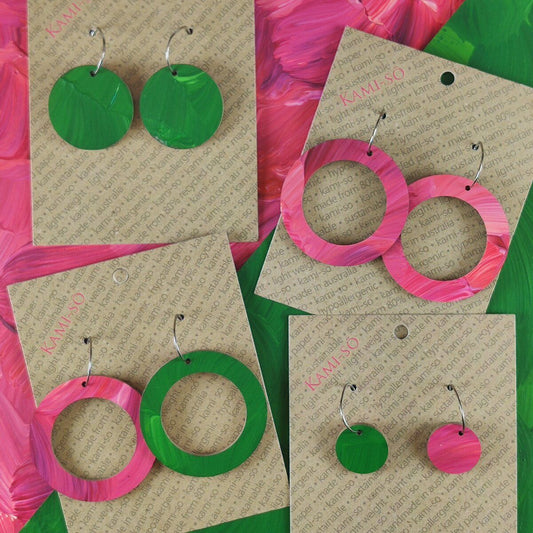 Reversible Circle Recycled Paper Earrings - Magenta Brushstrokes / Green Brushstrokes