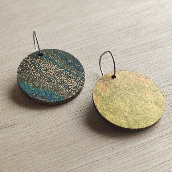 Reversible Circle Recycled Paper Earrings - Gold / Dark Green