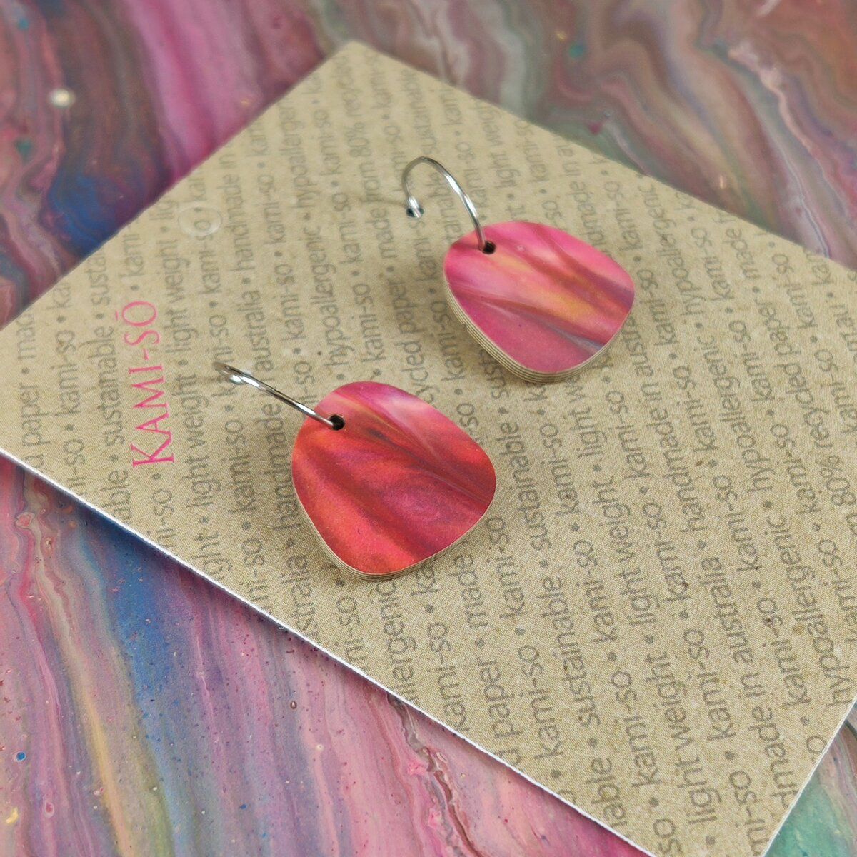 Square Recycled Paper Earrings - Purple & Red Multicolour