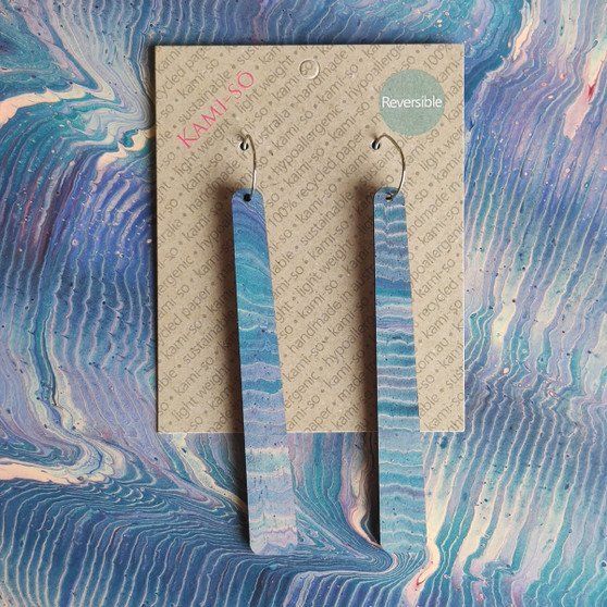 Reversible Paddle Recycled Paper Earrings - Blue Stripe / Gold & Pink Speckle