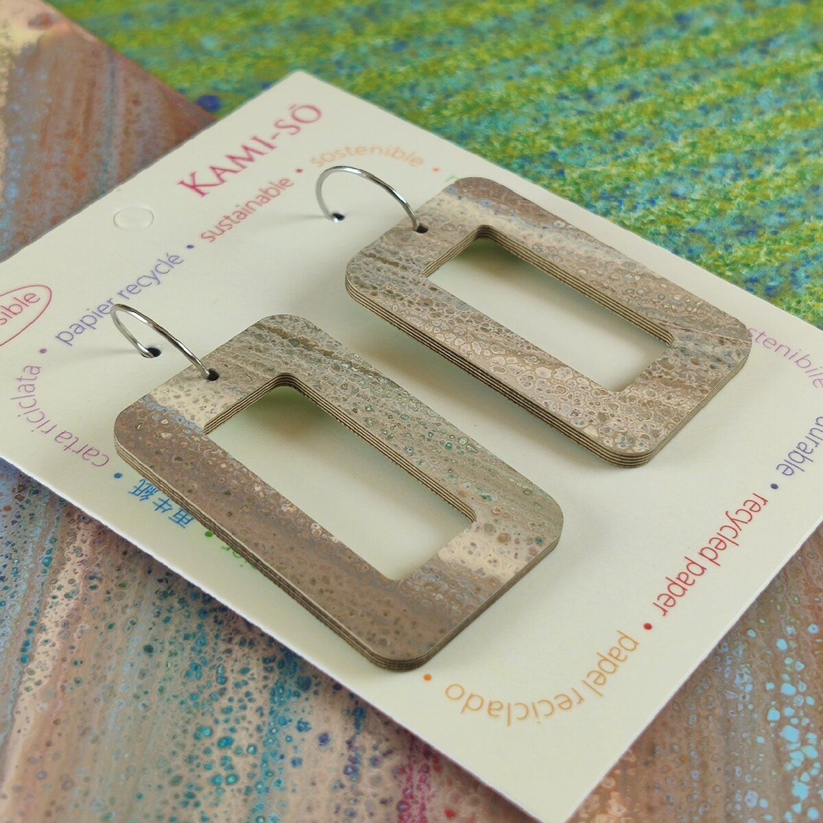 Reversible Rectangle Recycled Paper Earrings - Muted Slate Crackle / Blue Green Speckle