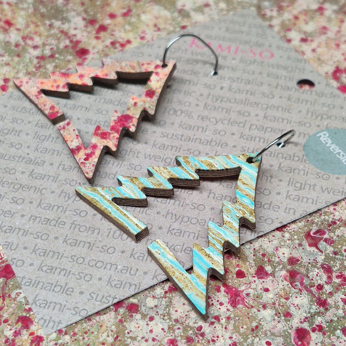 Reversible Christmas Tree Recycled Paper Earrings - Blue & Gold Stripes / Brown & Red Speckle