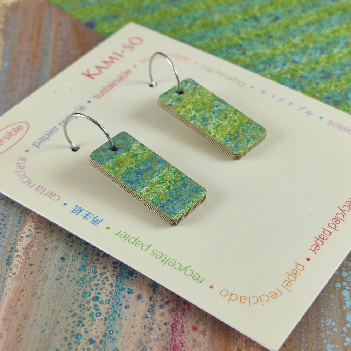 Reversible Rectangle Recycled Paper Earrings - Muted Slate Crackle / Blue Green Speckle