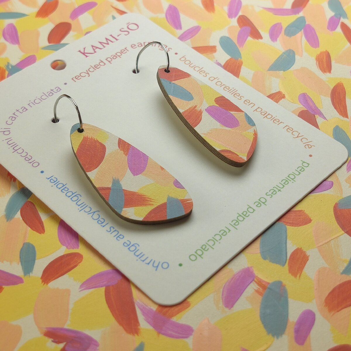 Oval Recycled Paper Earrings - Yellow, Pink, Blue & Red
