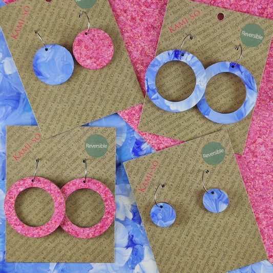 Reversible Circle Recycled Paper Earrings - Rose Speckle / Blue & White