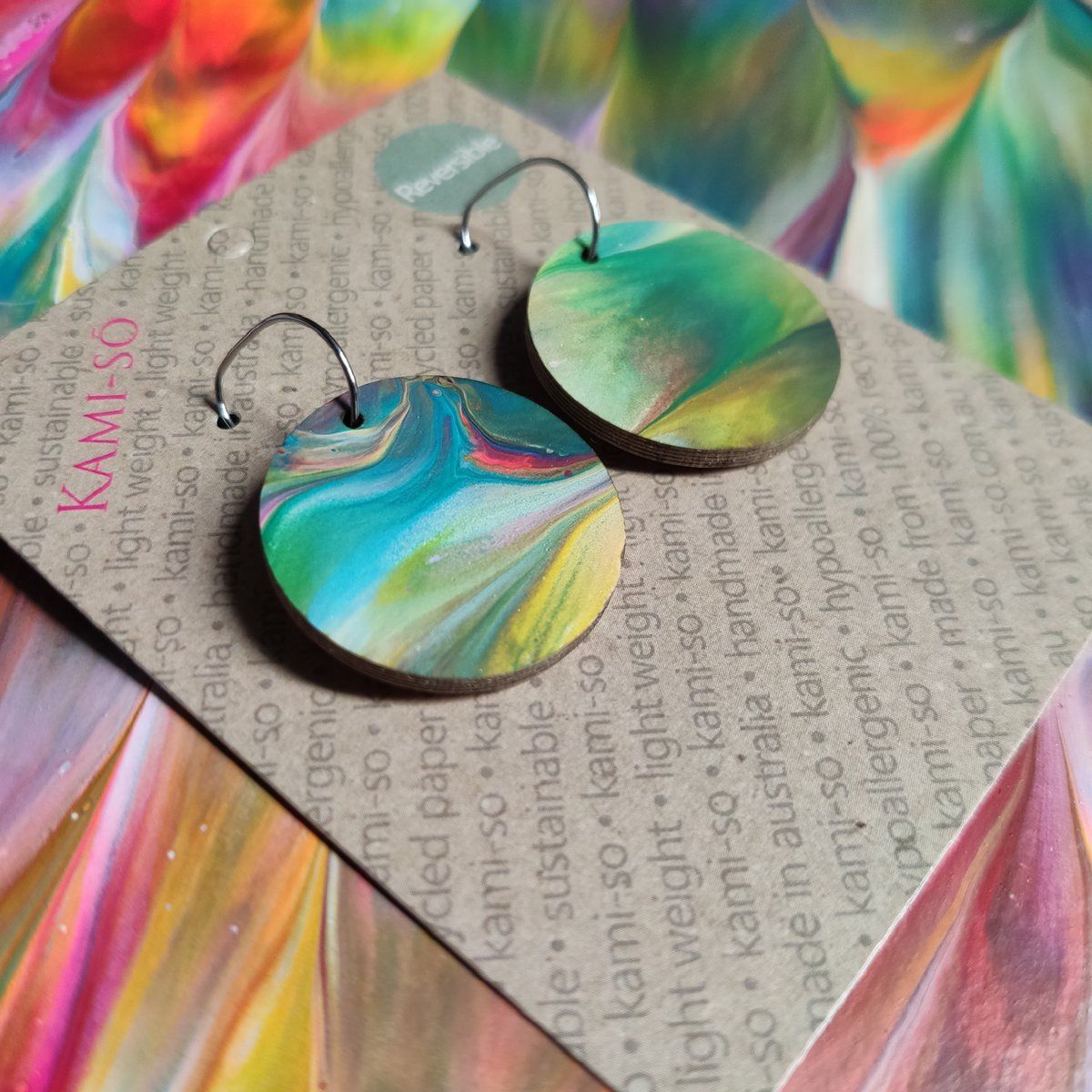 Reversible Circle Recycled Paper Earrings - Multicolour / Light Brown