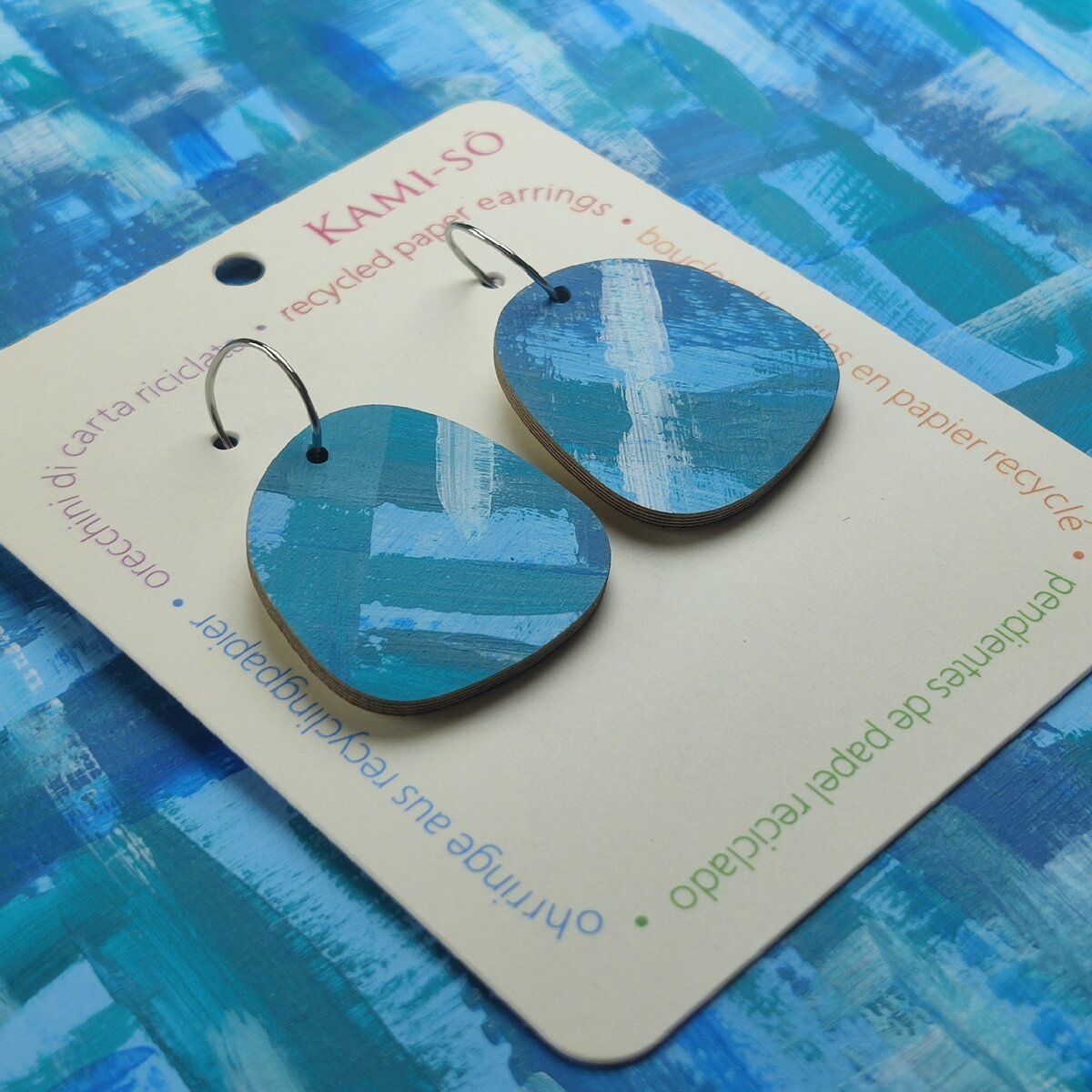 Square Recycled Paper Earrings - Blue Brushstrokes