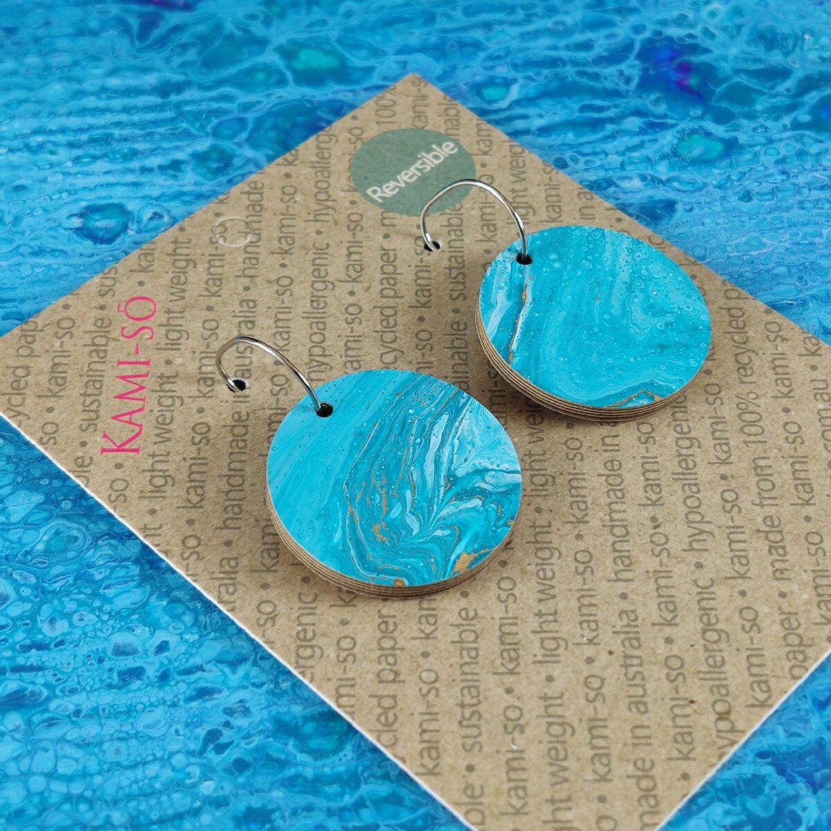 Reversible Circle Recycled Paper Earrings - Turquoise / Gold Multicolour