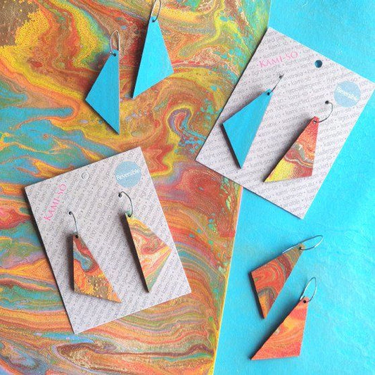 Reversible Triangle Recycled Paper Earrings - Orange Multicolour / Blue