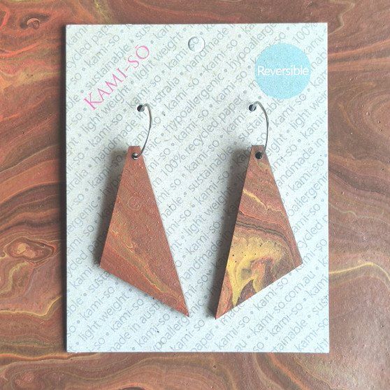 Reversible Triangle Recycled Paper Earrings - Brown / Mustard