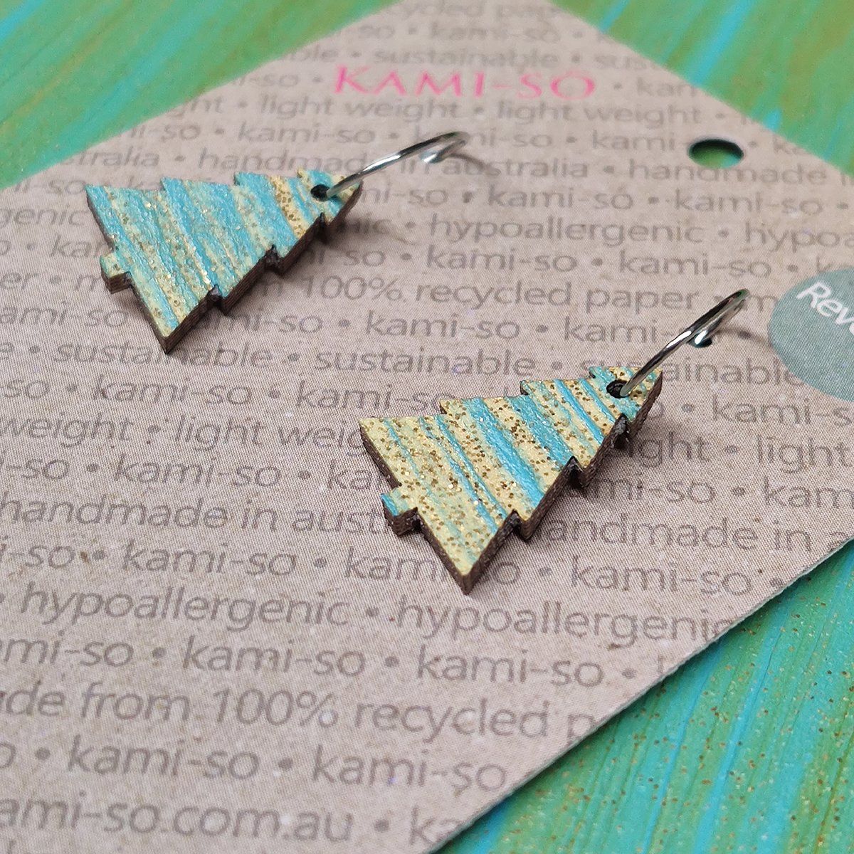 Reversible Christmas Tree Recycled Paper Earrings - Pink & Silver / Blue & Gold