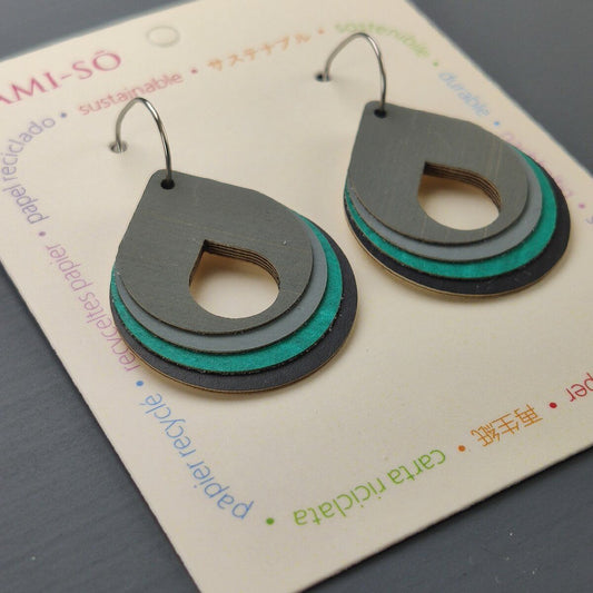 Circle Hoop Layered Recycled Paper Earrings - Grey, Green, Black